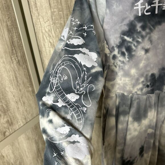 Spirited Away Mini Dress Tie Dye High Neck Gray Goth Cotton Long Sleeves Size M - Picture 3 of 7